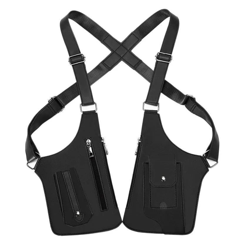 Retro Double Shoulder Strap Tactical Chest Bag Multi Pocket Anti Theft Waterproof PU for Men Outdoor Travel Hiking Daily Use