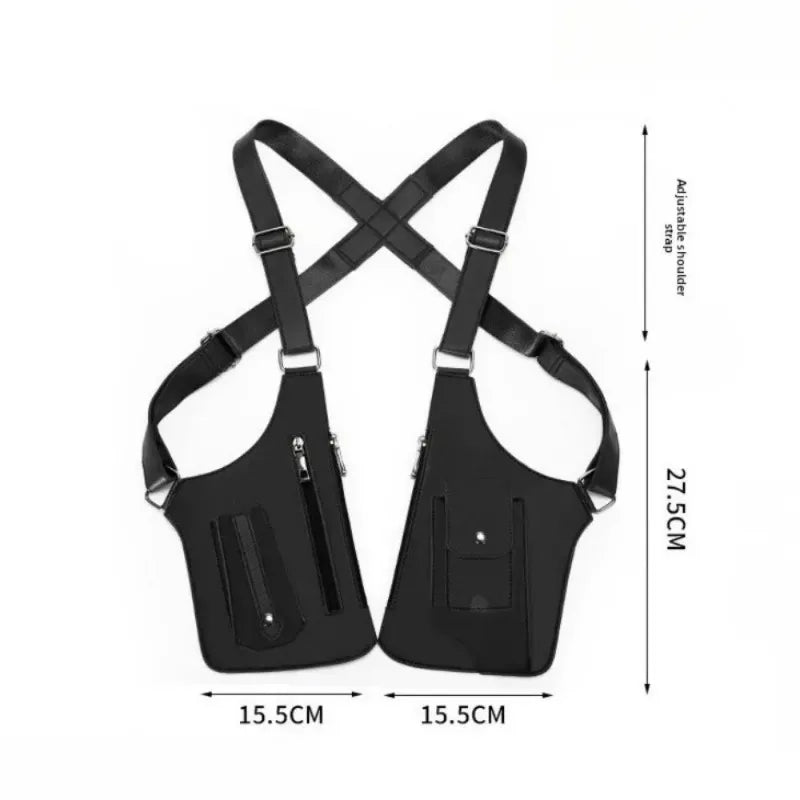 Retro Double Shoulder Strap Tactical Chest Bag Multi Pocket Anti Theft Waterproof PU for Men Outdoor Travel Hiking Daily Use