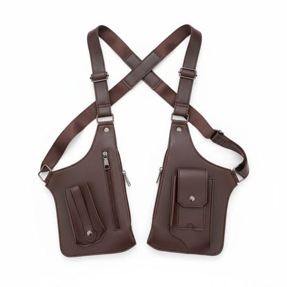 Retro Double Shoulder Strap Tactical Chest Bag Multi Pocket Anti Theft Waterproof PU for Men Outdoor Travel Hiking Daily Use