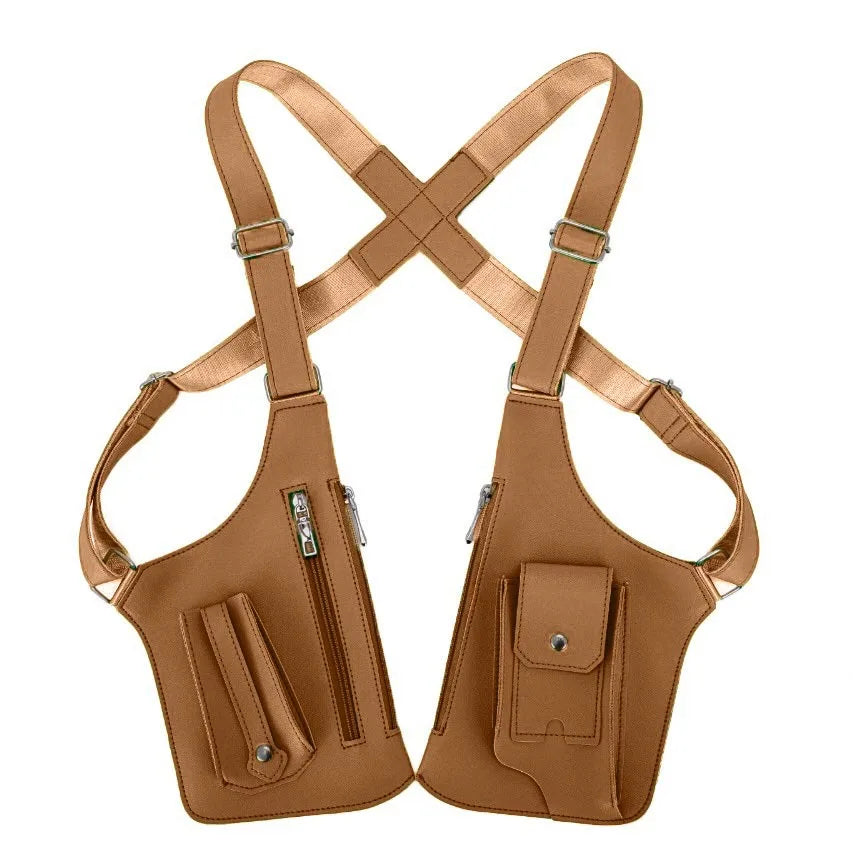 Retro Double Shoulder Strap Tactical Chest Bag Multi Pocket Anti Theft Waterproof PU for Men Outdoor Travel Hiking Daily Use