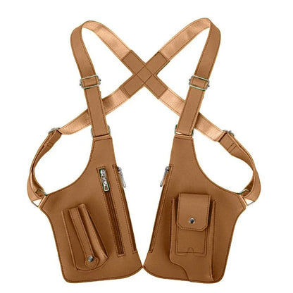 Retro Double Shoulder Strap Tactical Chest Bag Multi Pocket Anti Theft Waterproof PU for Men Outdoor Travel Hiking Daily Use