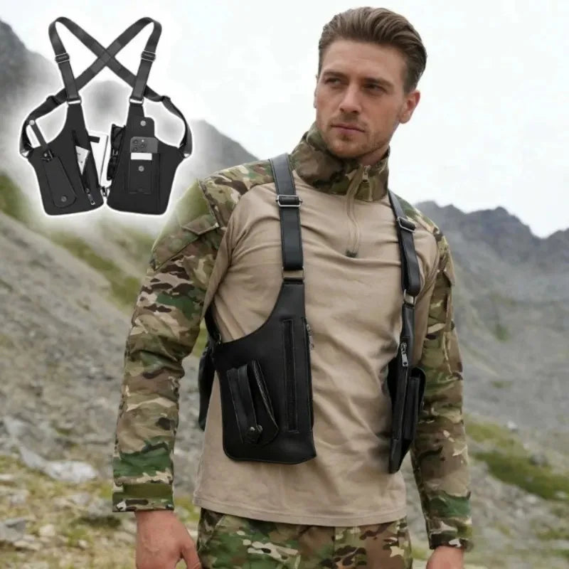 Retro Double Shoulder Strap Tactical Chest Bag Multi Pocket Anti Theft Waterproof PU for Men Outdoor Travel Hiking Daily Use
