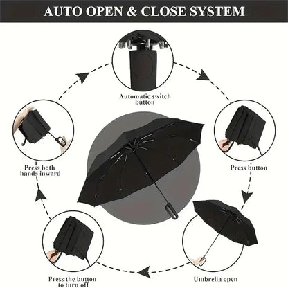 Automatic Folding Umbrella, Windproof & Waterproof Portable Rain Umbrella with Wrist Strap for Men & Women